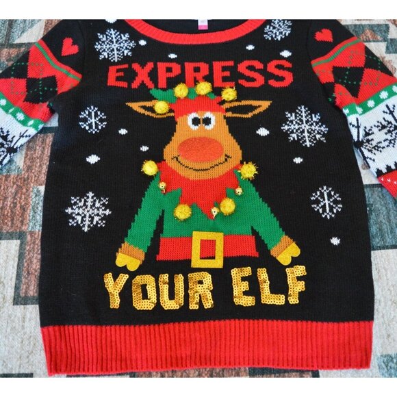 No Boundaries Express Your Elf 3D Holiday Sweater Black Red Green Juniors Small - Picture 3 of 6